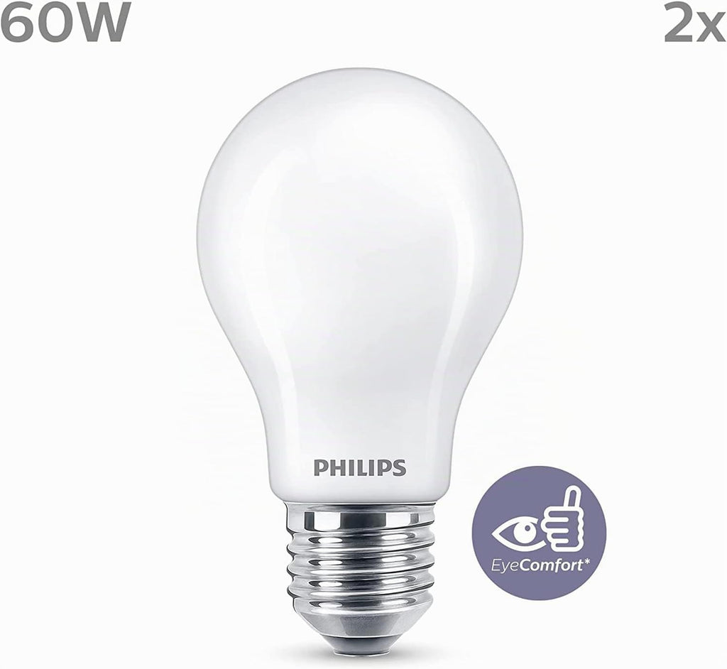 Ampoule LED Philips Standard E27 60W Blanc Chaud Dépolie, Verre, lot de 2