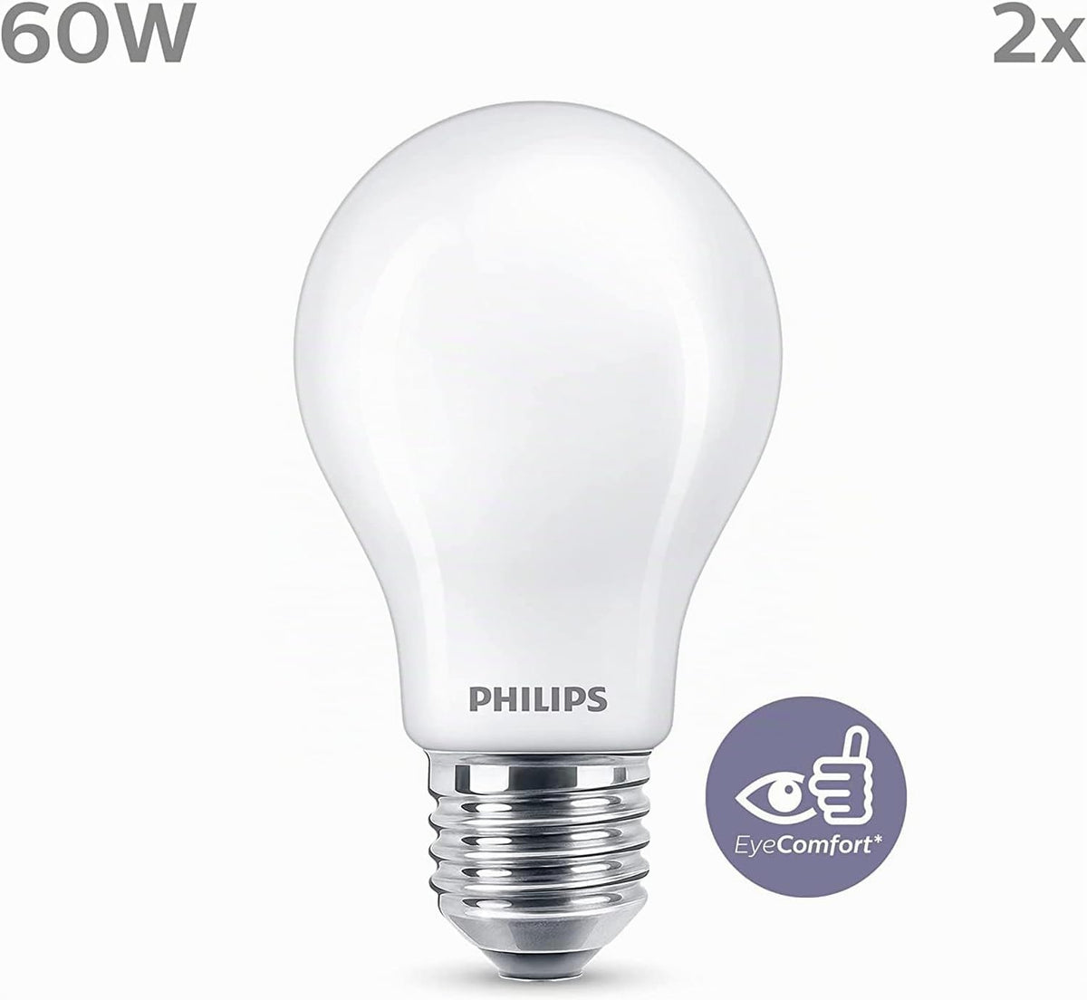 Ampoule LED Philips Standard E27 60W Blanc Chaud Dépolie, Verre, lot de 2