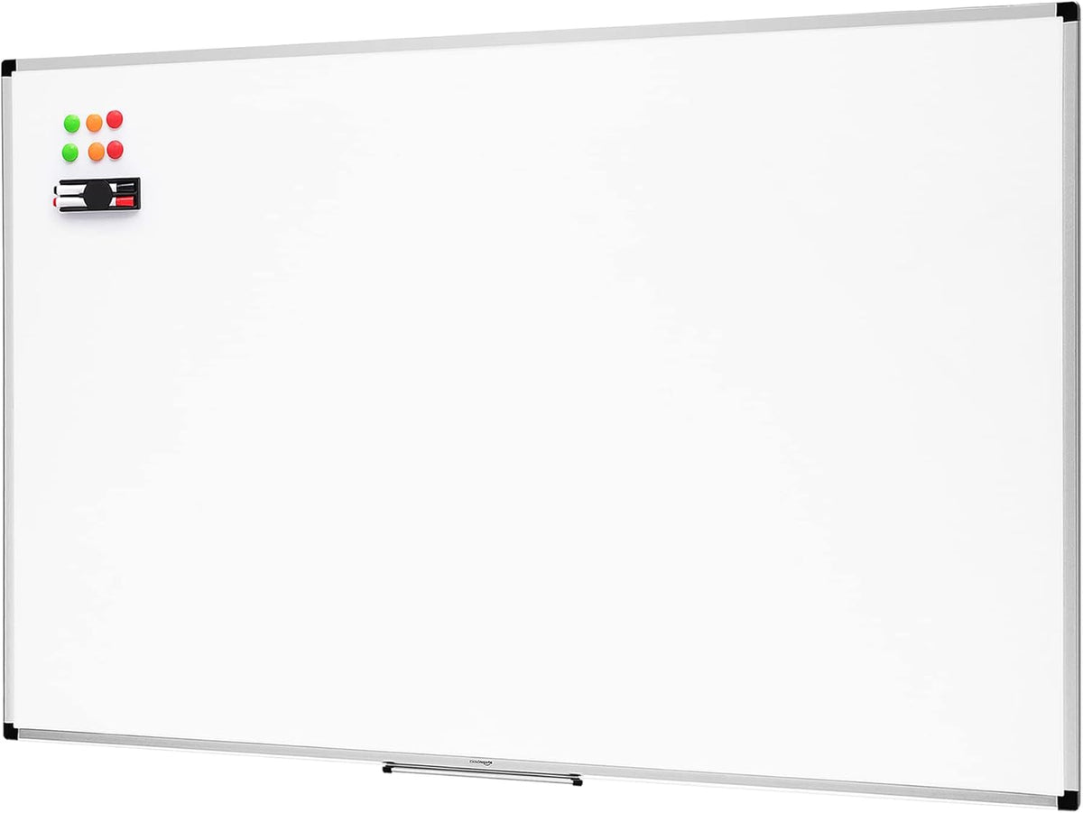 Tableau blanc magnétique Amazon Basics avec cadre en aluminium, porte-stylos, 6 aimants, 1 gomme et 2 marqueurs pour une utilisation au bureau et à la maison, mural, effaçable à sec, 90 x 60 cm