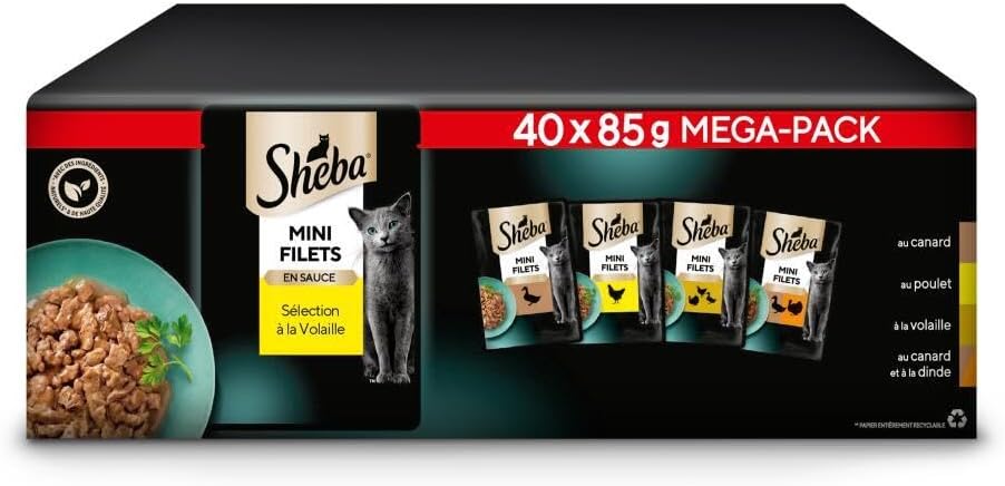 SHEBA Mini Filets - Sachets Fraîcheur en Sauce, Sélection Volaille pour Chat Adulte - 40x85g