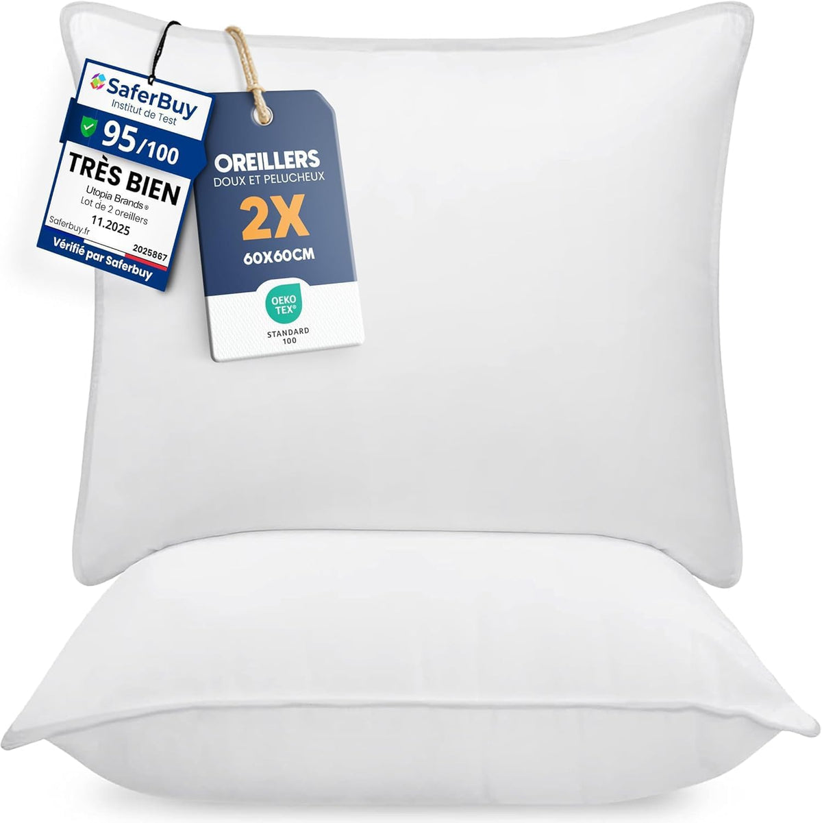 Utopia Bedding Lot de 2 Oreillers 60x60 cm, Coussins de Lit Blancs