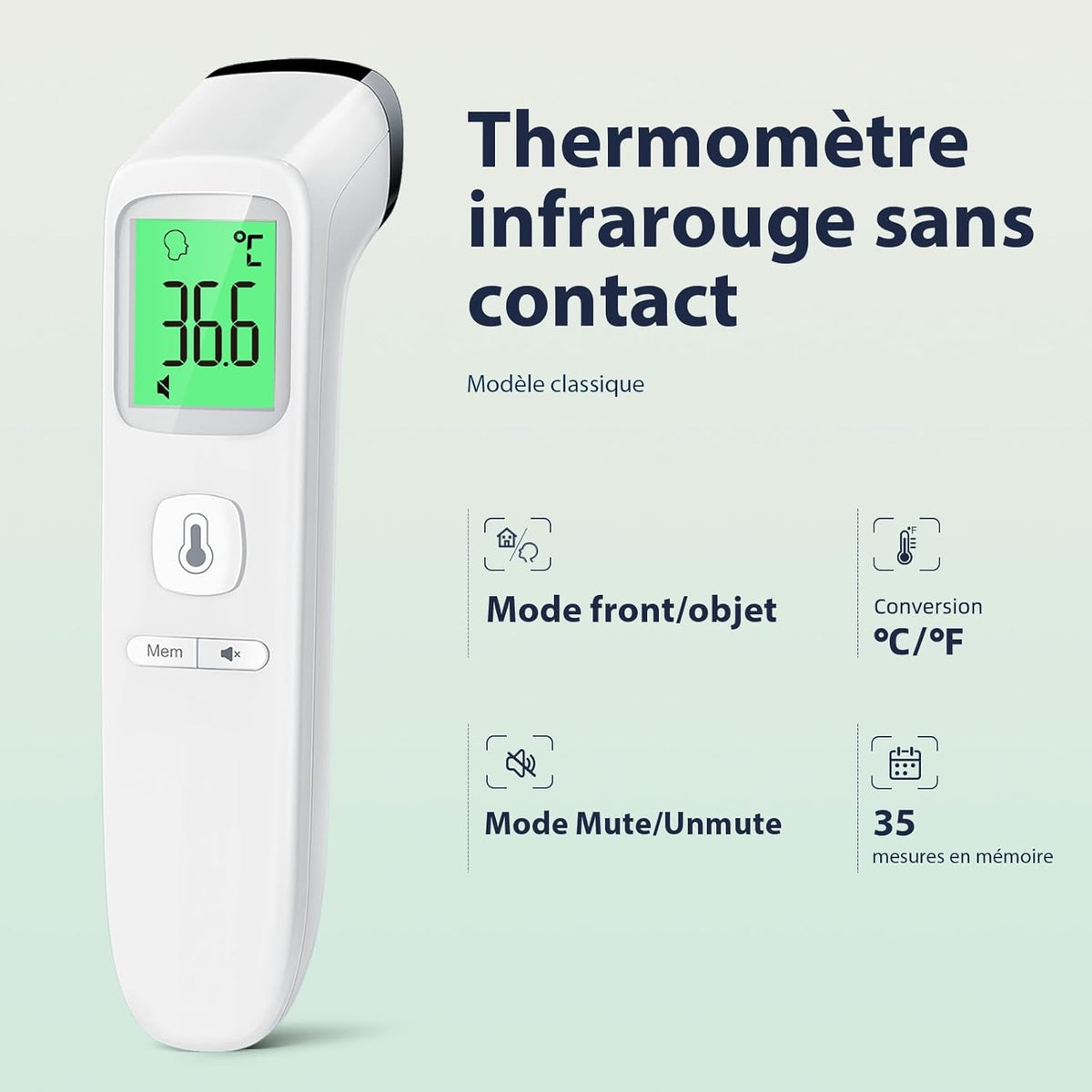 Thermomètre frontal sans contact, thermomètre bébé, thermomètre médical numérique infrarouge pour adultes, lecture précise avec écran LCD, mode muet, rappel de mémoire (blanc)
