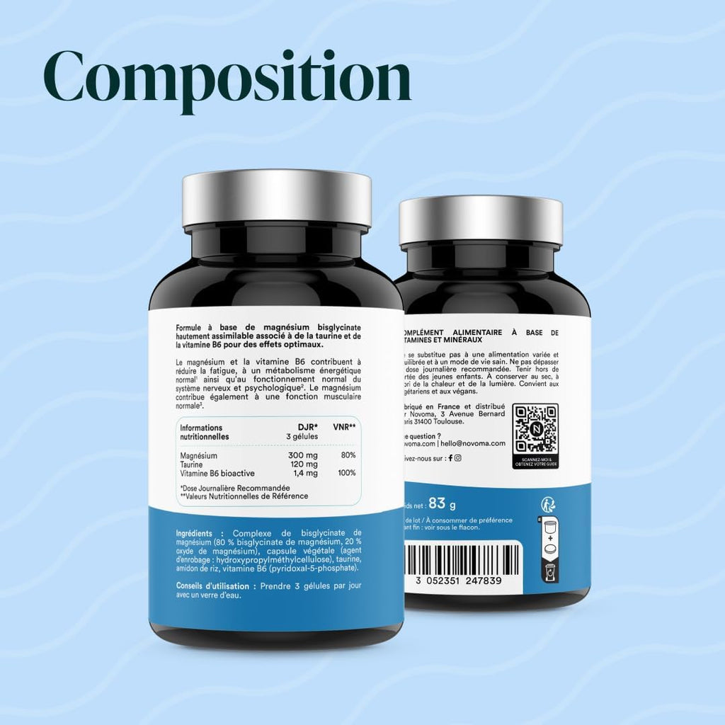 NOVOMA Bisglycinate de magnésium 300 mg + Vitamine B6, 120 gélules
