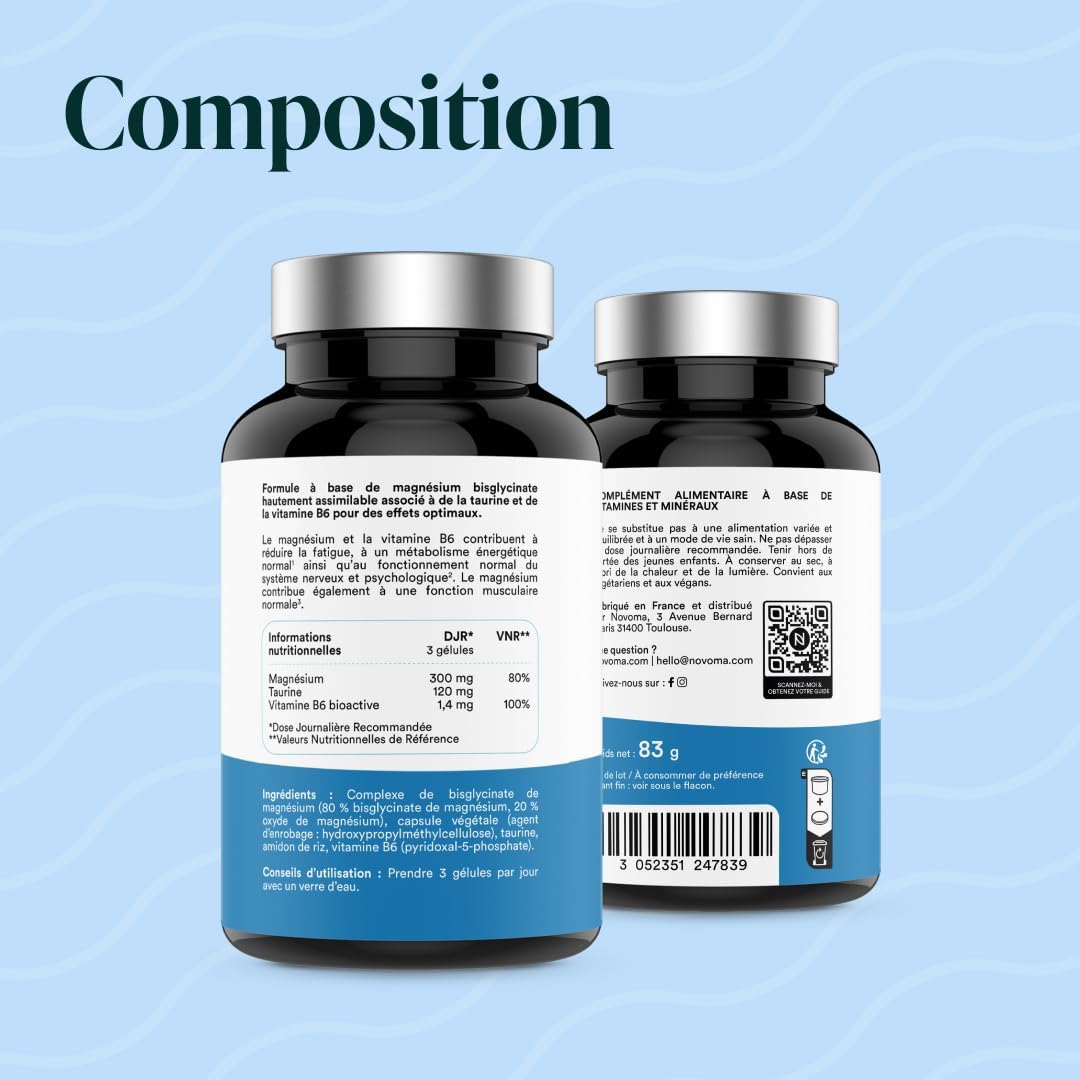 NOVOMA Bisglycinate de magnésium 300 mg + Vitamine B6, 120 gélules