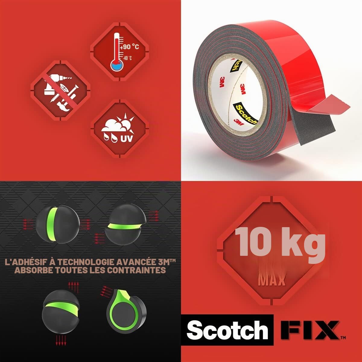 Ruban adhésif double face de fixation extrême pour extérieur Scotch-Fix, 19 mm x 1,5 m - Pour un usage extérieur extrême, avec la technologie avancée 3M, noir