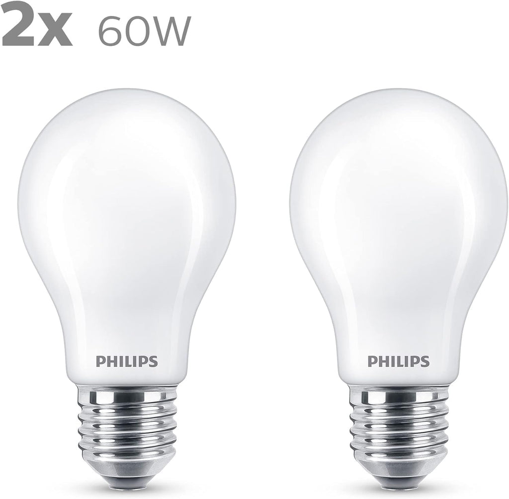 Ampoule LED Philips Standard E27 60W Blanc Chaud Dépolie, Verre, lot de 2