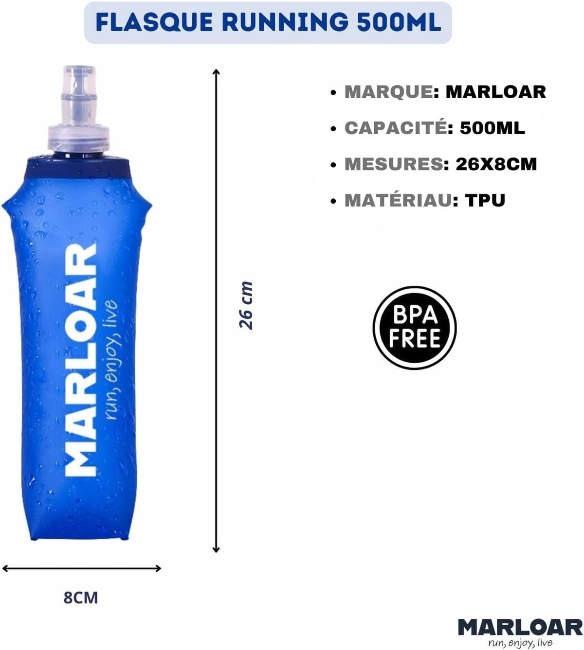 Flasque de running 500 ml bleue – Lot de 2 gourdes souples et pliables – Idéal pour la course à pied, le trail et la randonnée – Sans BPA
