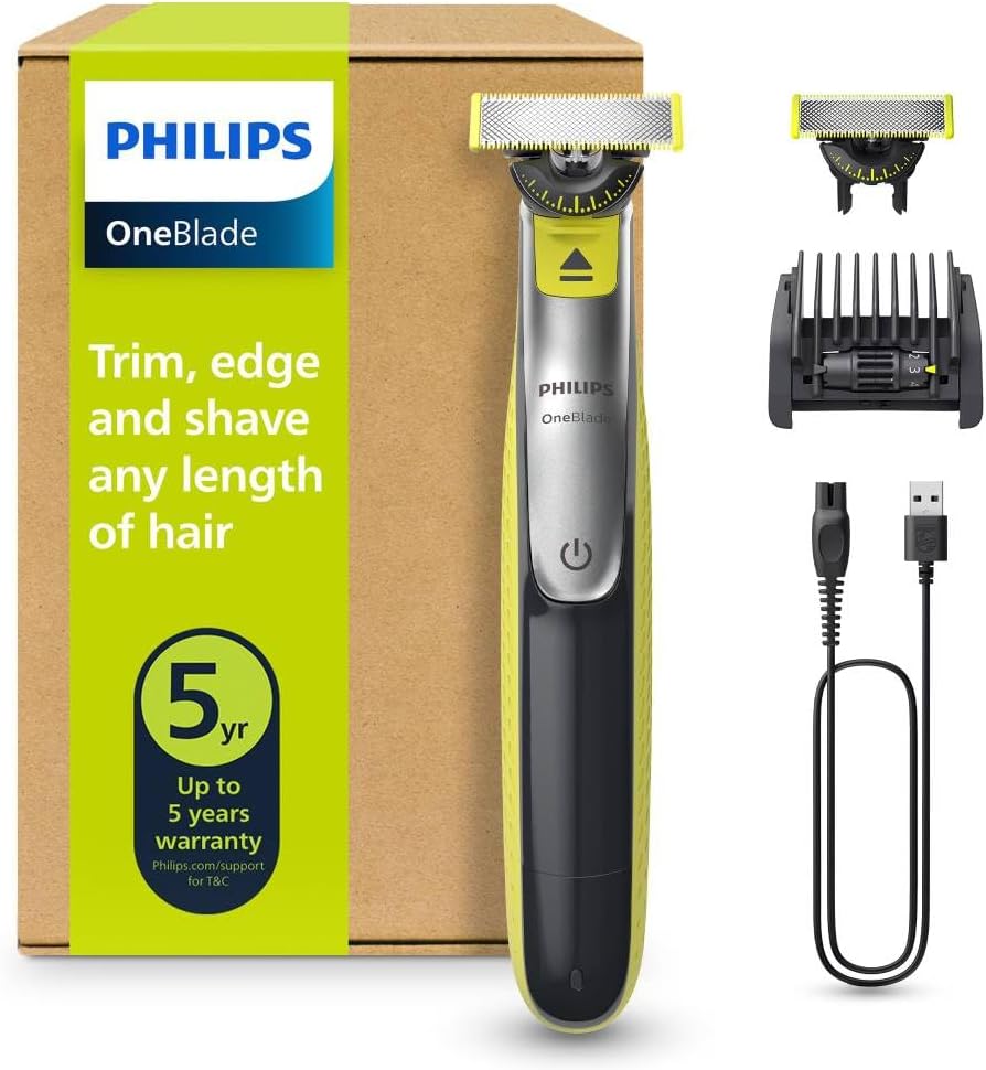 Philips OneBlade 360 hybride Visage : rasoir/tondeuse à barbe électrique, avec innovation lames 360, 2 lames 360 pour le visage, 1 sabot réglable 5 en 1 (modèle QP2734/30)