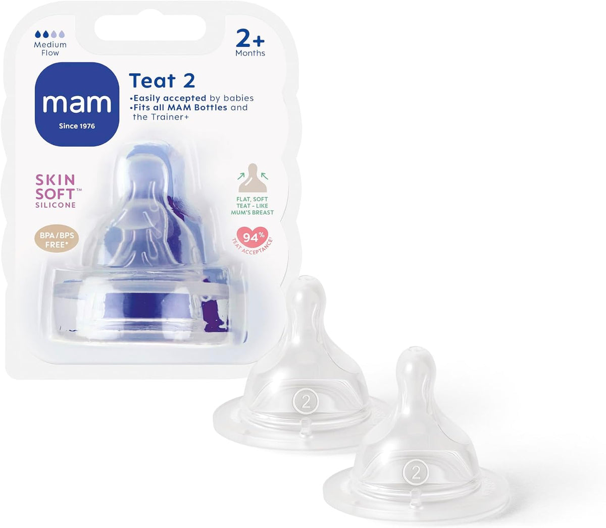 MAM Lot de 2 tétines plates et ultra-douces pour biberon, 2+ mois, silicone