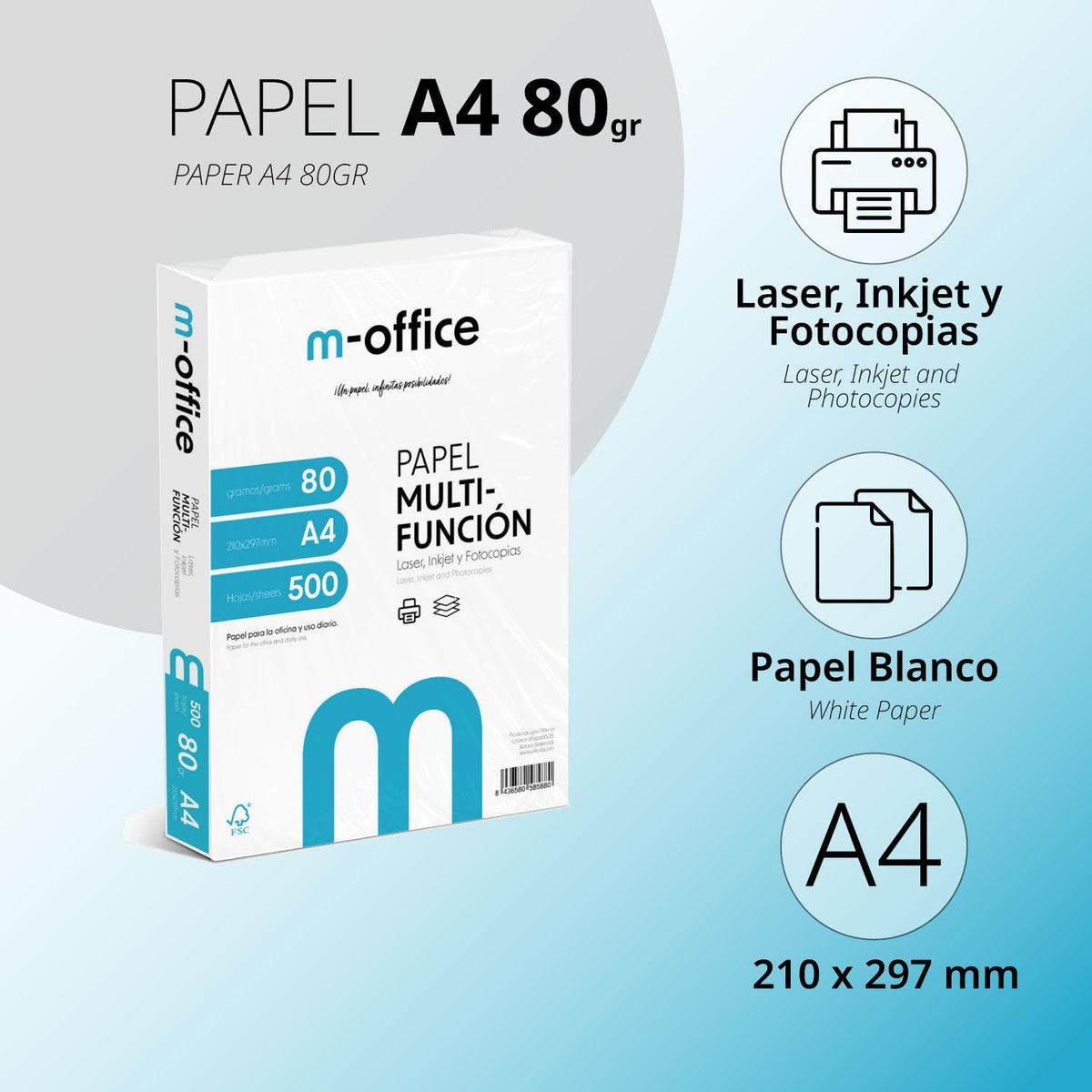M-Office Lot de 250 feuilles de papier multifonction pour imprimante jet d'encre et laser Format A4 210 x 297 mm