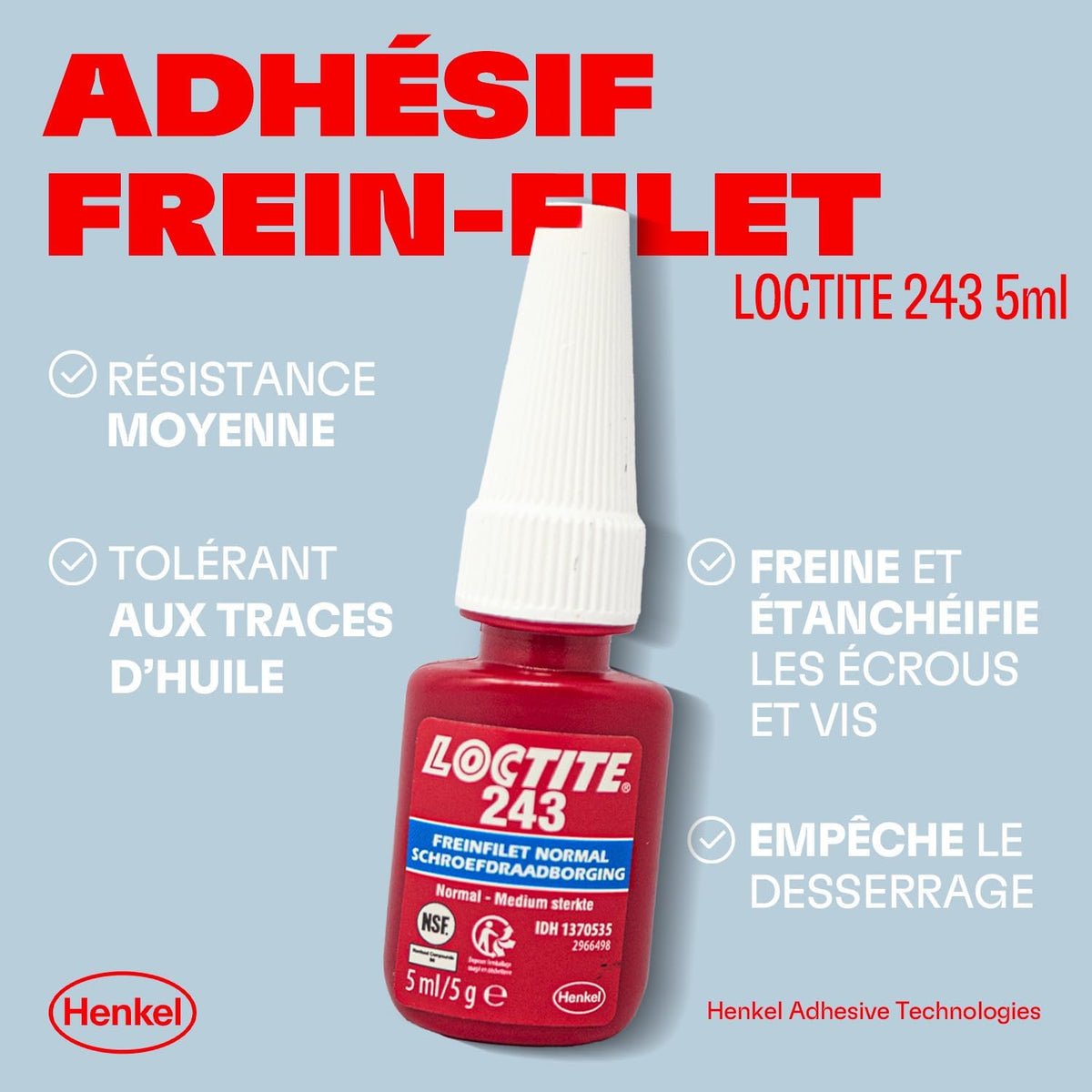 Loctite 243, frein filet résistance normale, frein filet bleu pour blocage et étanchéité des fixations filetées, flacon de 5 ml - aspect bleu