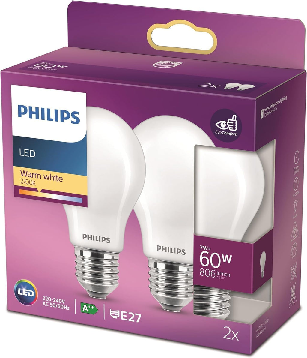 Ampoule LED Philips Standard E27 60W Blanc Chaud Dépolie, Verre, lot de 2