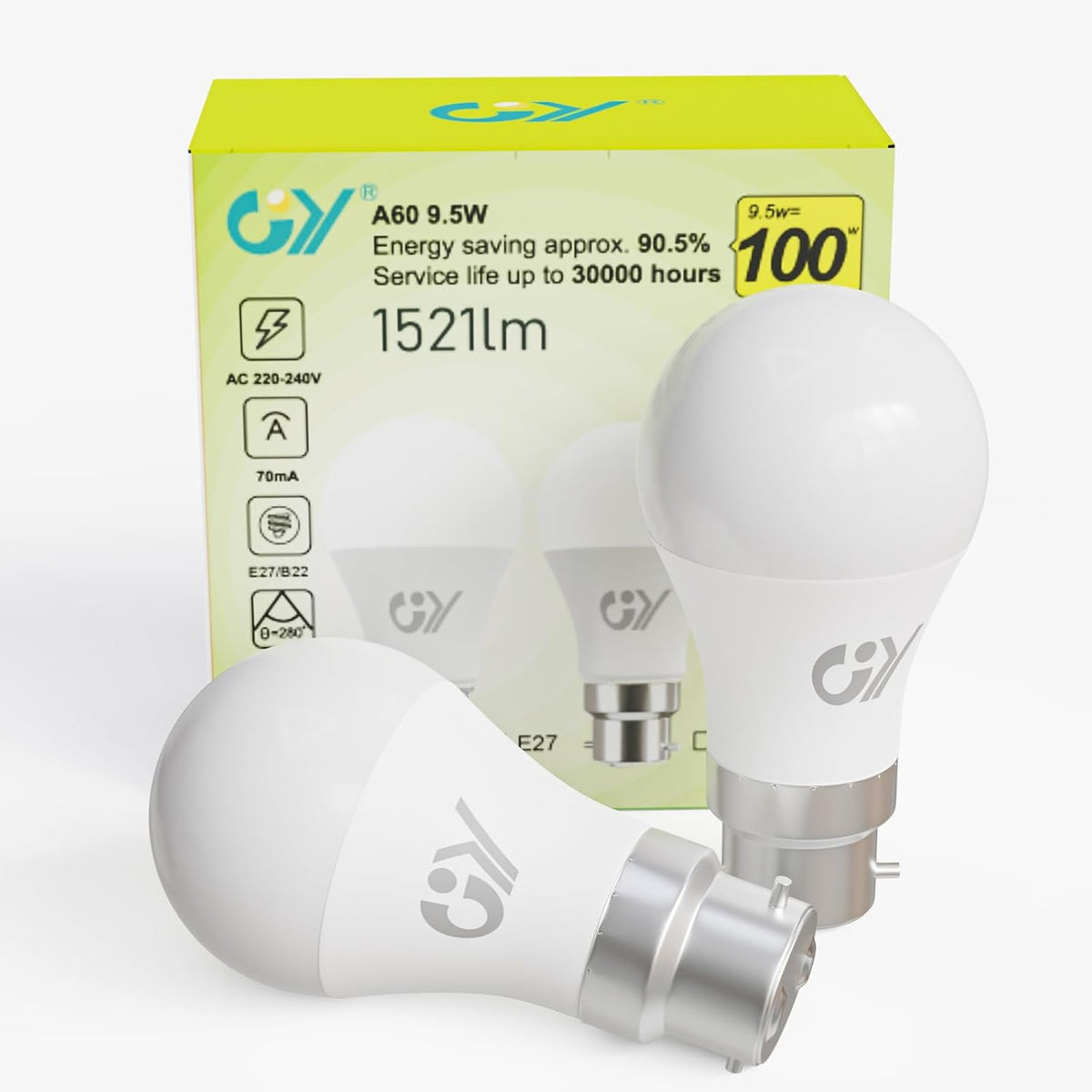 GY Ampoule LED B22 Classe C 9,5W  (Équivalent 100W) ，1521 Lumens 6500K Blanc Froid ， A60 Ampoules Culot B22 Baïonnette LED, Économie d'Énergie, Angle 280°, Non-Dimmable，Lot de 2