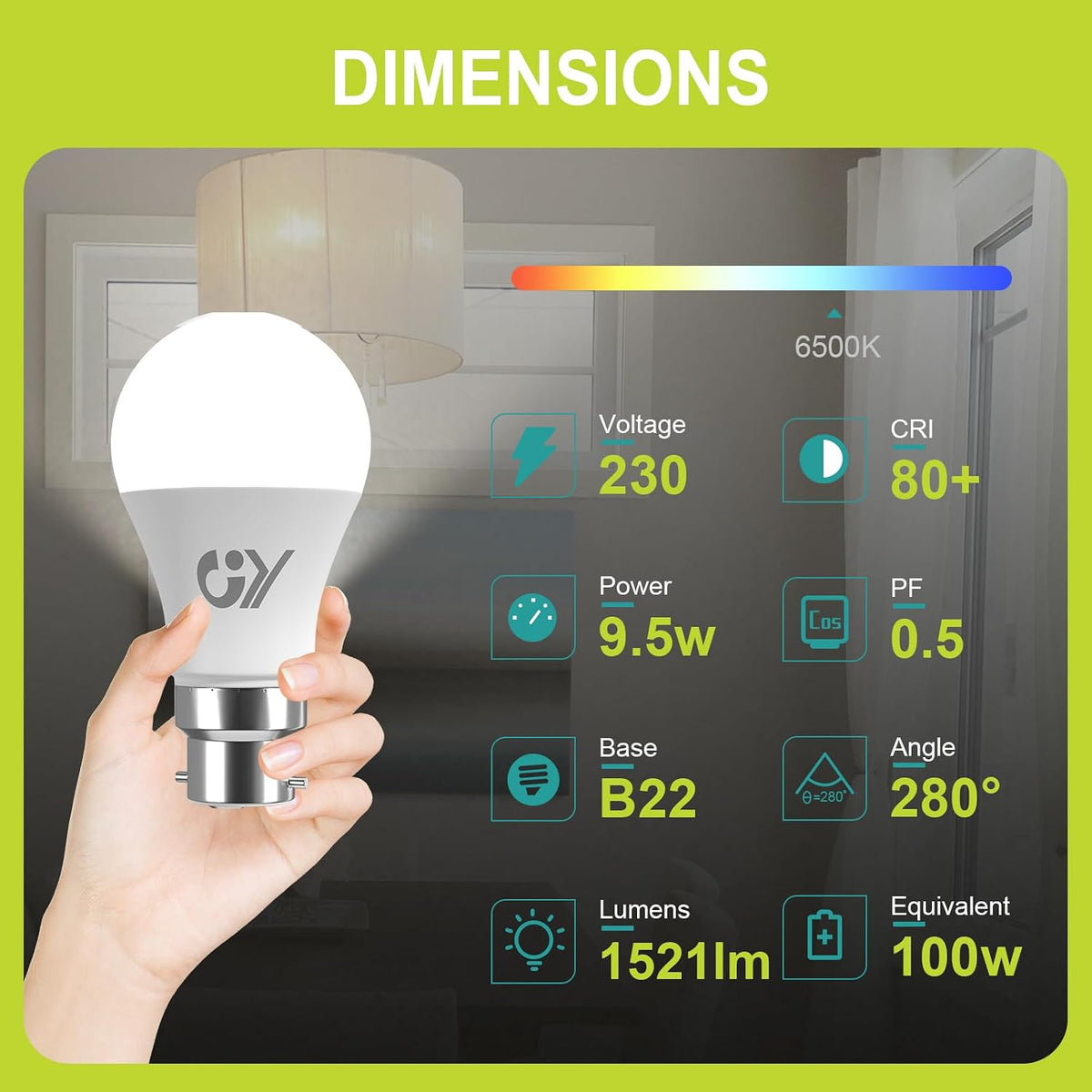 GY Ampoule LED B22 Classe C 9,5W  (Équivalent 100W) ，1521 Lumens 6500K Blanc Froid ， A60 Ampoules Culot B22 Baïonnette LED, Économie d'Énergie, Angle 280°, Non-Dimmable，Lot de 2