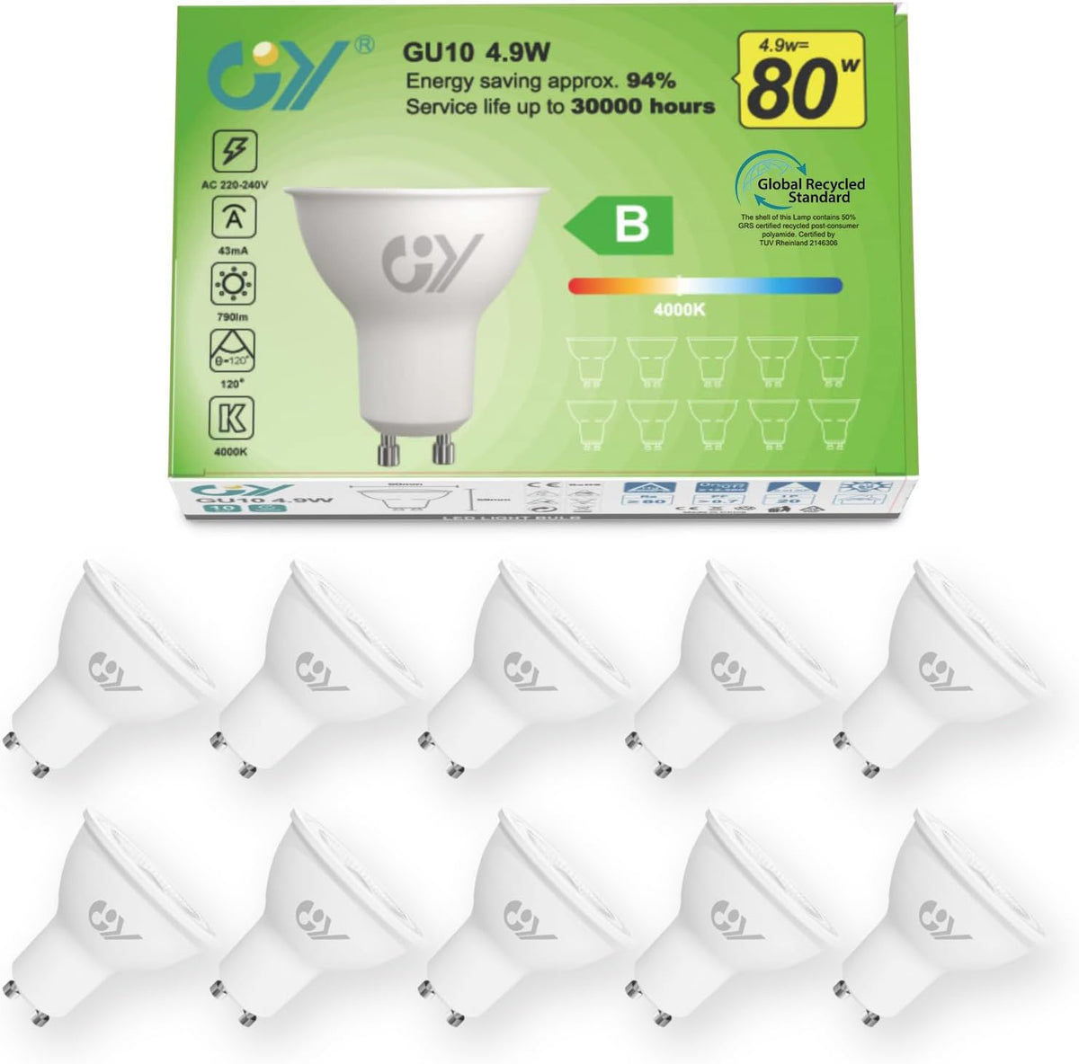Ampoules LED GU10 GY 4,9W équivalent 80W, 790LM 4000K Blanc Neutre, angle de diffusion 120°, ampoule LED GU10 économe en énergie, non dimmable, lot de 10