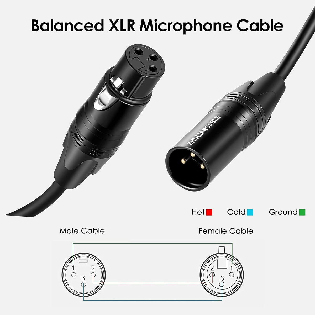 SHULIANCABLE Câble XLR, câble de microphone professionnel symétrique mâle vers femelle, compatible avec microphone, table de mixage, caméra, amplificateur, alimentation fantôme, haut-parleur (2M)