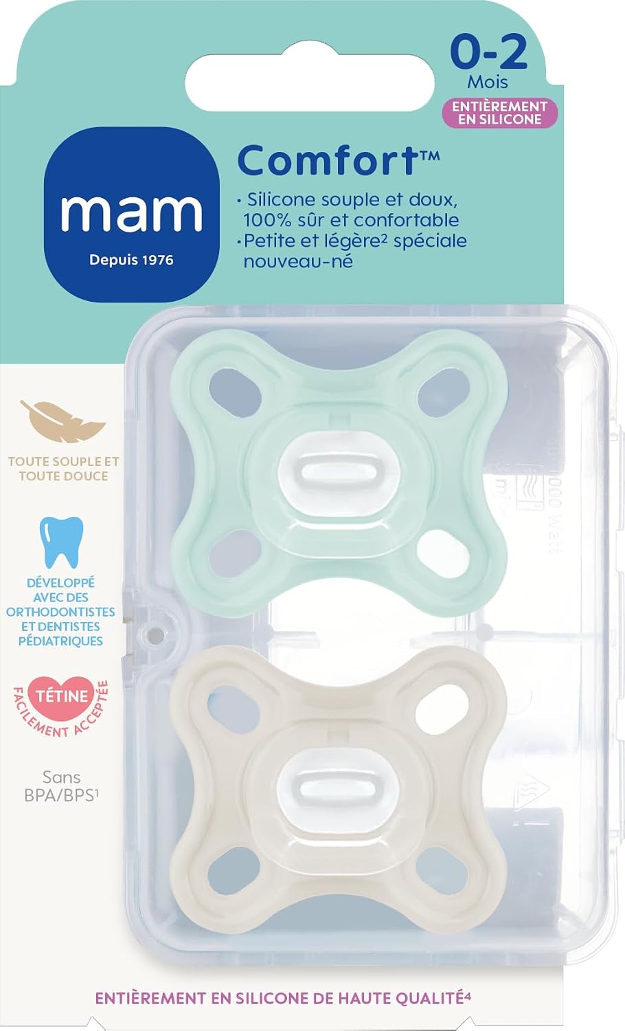 MAM Sucette Comfort, Naissance 0-2 mois, Bleu/Beige, Lot de 2 sucettes