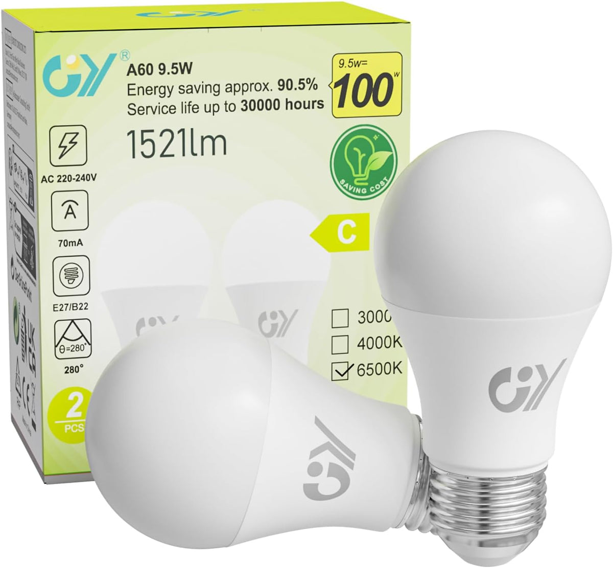 GY Ampoule LED E27 9,5W (équivalent 100W), 6500K Blanc Froid 1521 lumens, A60 Ampoules E27 LED Efficacité Énergétique, Dépolie, Non Dimmable, 2 Unités (Lot de 1)