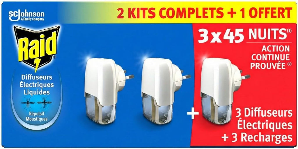 Diffuseur Électrique Liquide Raid - Répulsif Moustiques - 3 Diffuseurs + 3 Recharges, 2 en 1 - 45 Nuits