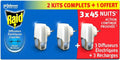 Diffuseur Électrique Liquide Raid - Répulsif Moustiques - 3 Diffuseurs + 3 Recharges, 2 en 1 - 45 Nuits