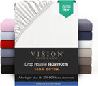 Vision Drap Housse - 100% Coton Lit Double (140x190cm) - Blanc | Coins Élastiqués | Tissage Serré : 57 Fils | Convient aux Matelas Jusqu’à 25cm | Confortable | Lavable en Machine | Certifié Oeko-Tex