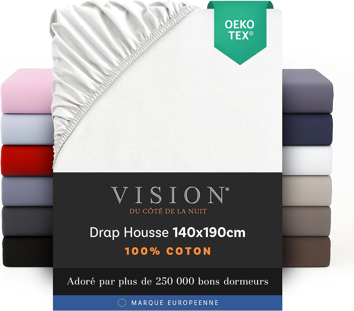 Vision Drap Housse - 100% Coton Lit Double (140x190cm) - Blanc | Coins Élastiqués | Tissage Serré : 57 Fils | Convient aux Matelas Jusqu’à 25cm | Confortable | Lavable en Machine | Certifié Oeko-Tex