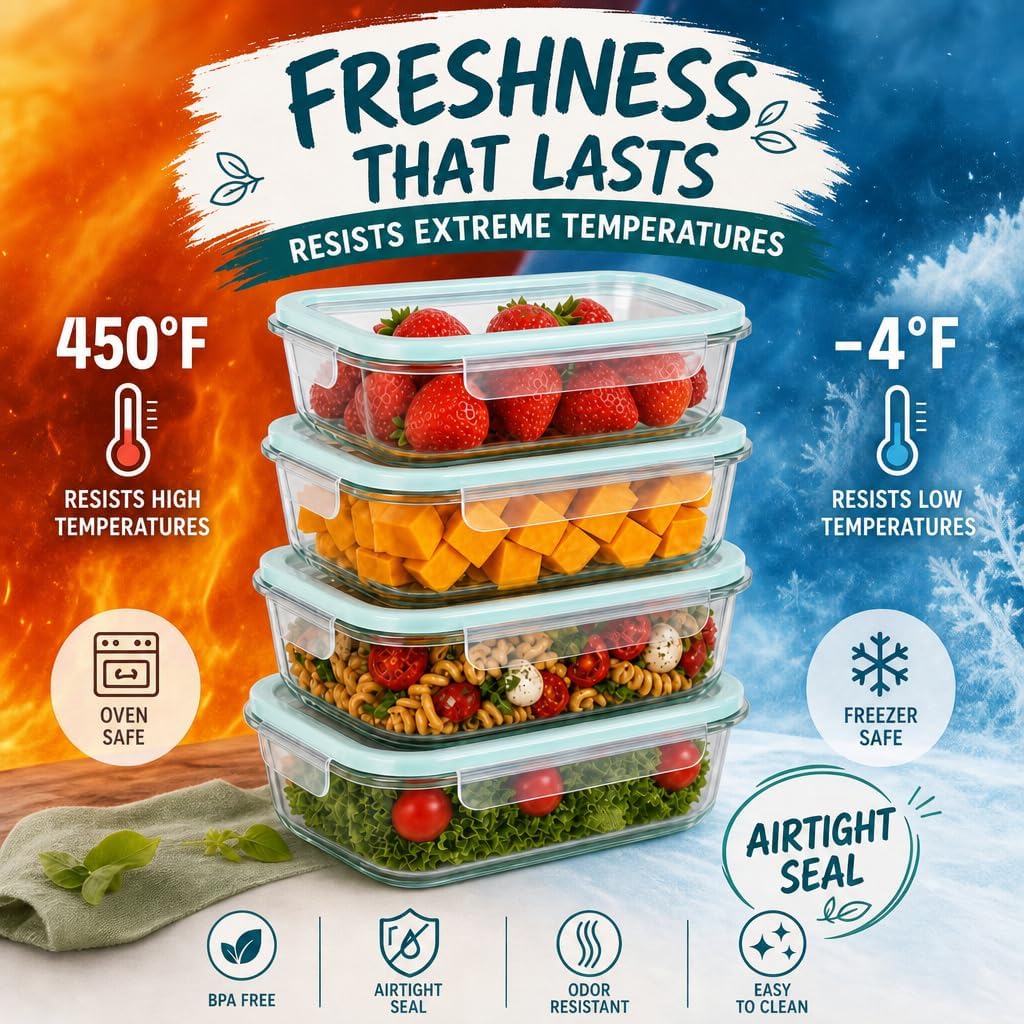 edihome, Boîte alimentaire hermétique en verre, 8, 14 ou 18 pièces, pour aliments hermétiques, résistant au lave-vaisselle, rangement cuisine, sans BPA, certifié FDA (4 récipients)