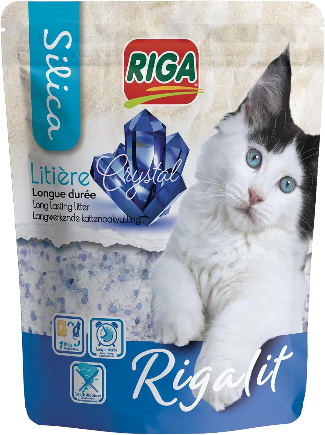 Riga - Cristal Rigalit - Litière pour chat absorbante d'origine minérale - Gel de silice - Absorbe les odeurs - Anti-développement bactérien - 2,2 kg