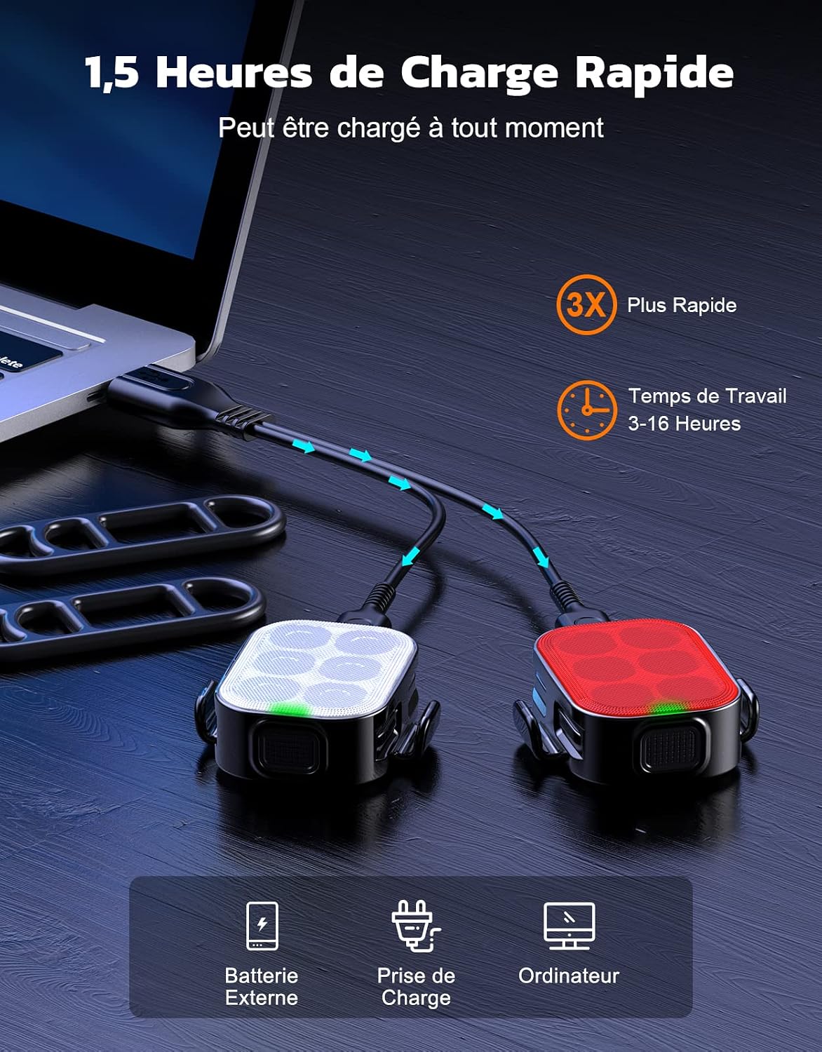Glangeh Ensemble d'éclairage de vélo avant et arrière, lampe de vélo ultra-fine à 4 + 6 modes