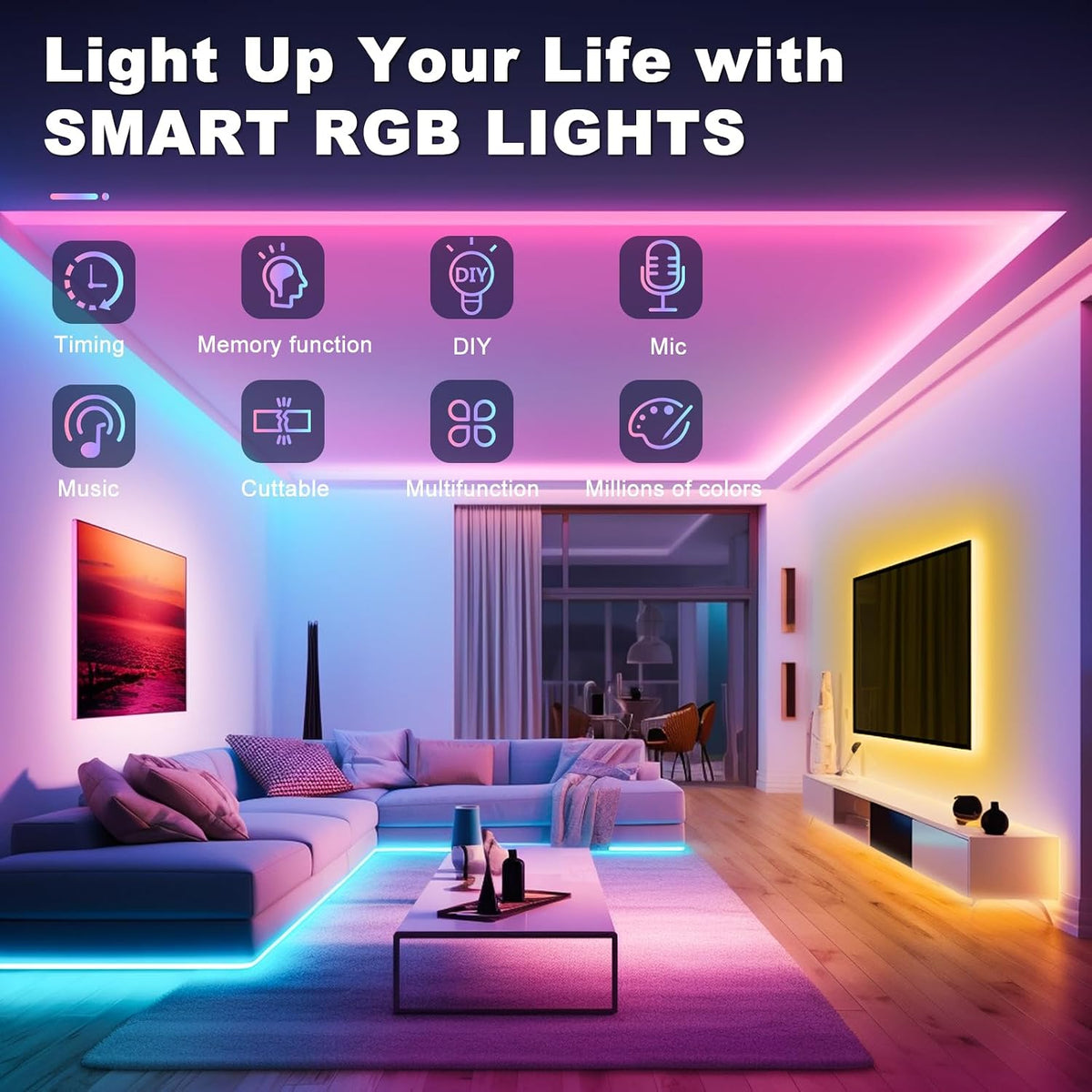 Ruban LED, 10M Ruban LED RGB Flexible pour décoration de chambre, contrôle par application Bluetooth avec synchronisation au rythme de la musique, LED pour salle de jeux, plafond, mariage, fête, cuisine, TV, bureau