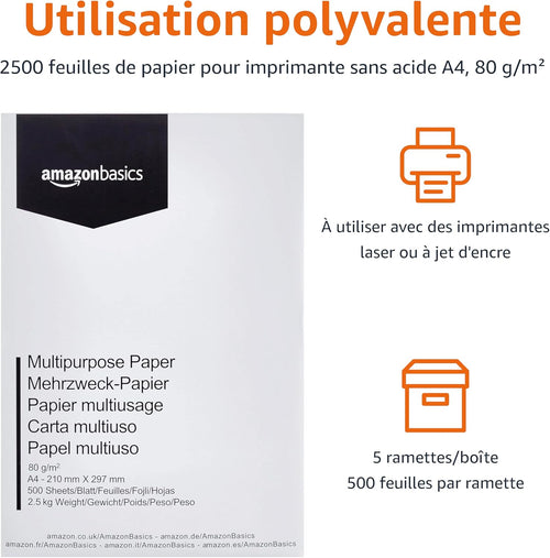 Papier multi-usage A4 80g Amazon Basics, carton de 5 ramettes de 500 feuilles