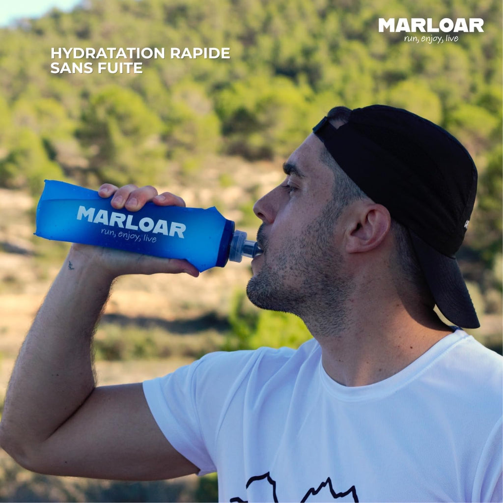 Flasque de running 500 ml bleue – Lot de 2 gourdes souples et pliables – Idéal pour la course à pied, le trail et la randonnée – Sans BPA