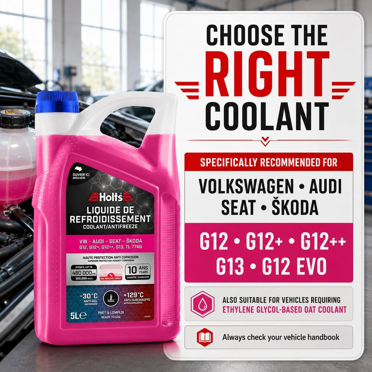 Holts HAFR0006B Liquide de refroidissement et antigel pour voiture VW-Audi-Seat-Skoda G12, G12+, G12++, G13, G12 Evo, protection longue durée 10 ans, 480 000 km, jusqu'à -30°C, rose, 5L