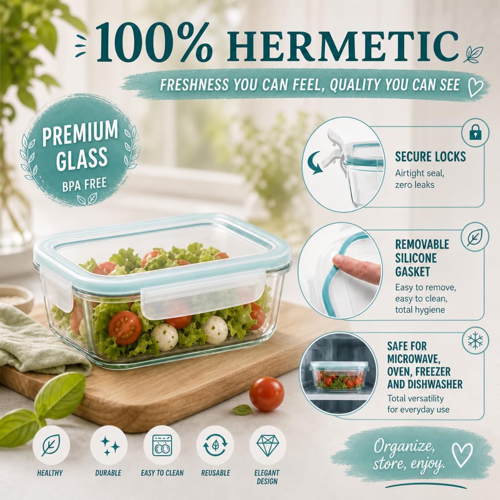 edihome, Boîte alimentaire hermétique en verre, 8, 14 ou 18 pièces, pour aliments hermétiques, résistant au lave-vaisselle, rangement cuisine, sans BPA, certifié FDA (4 récipients)