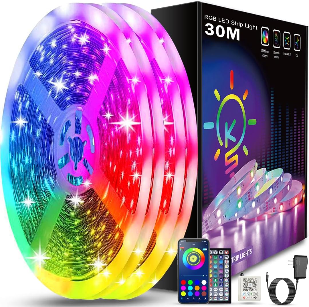Ruban LED Keepsmile 30 m (15 mx2), LED chambre Bluetooth, bande LED contrôlée par télécommande et application, guirlande lumineuse décorative pour chambre et bureau