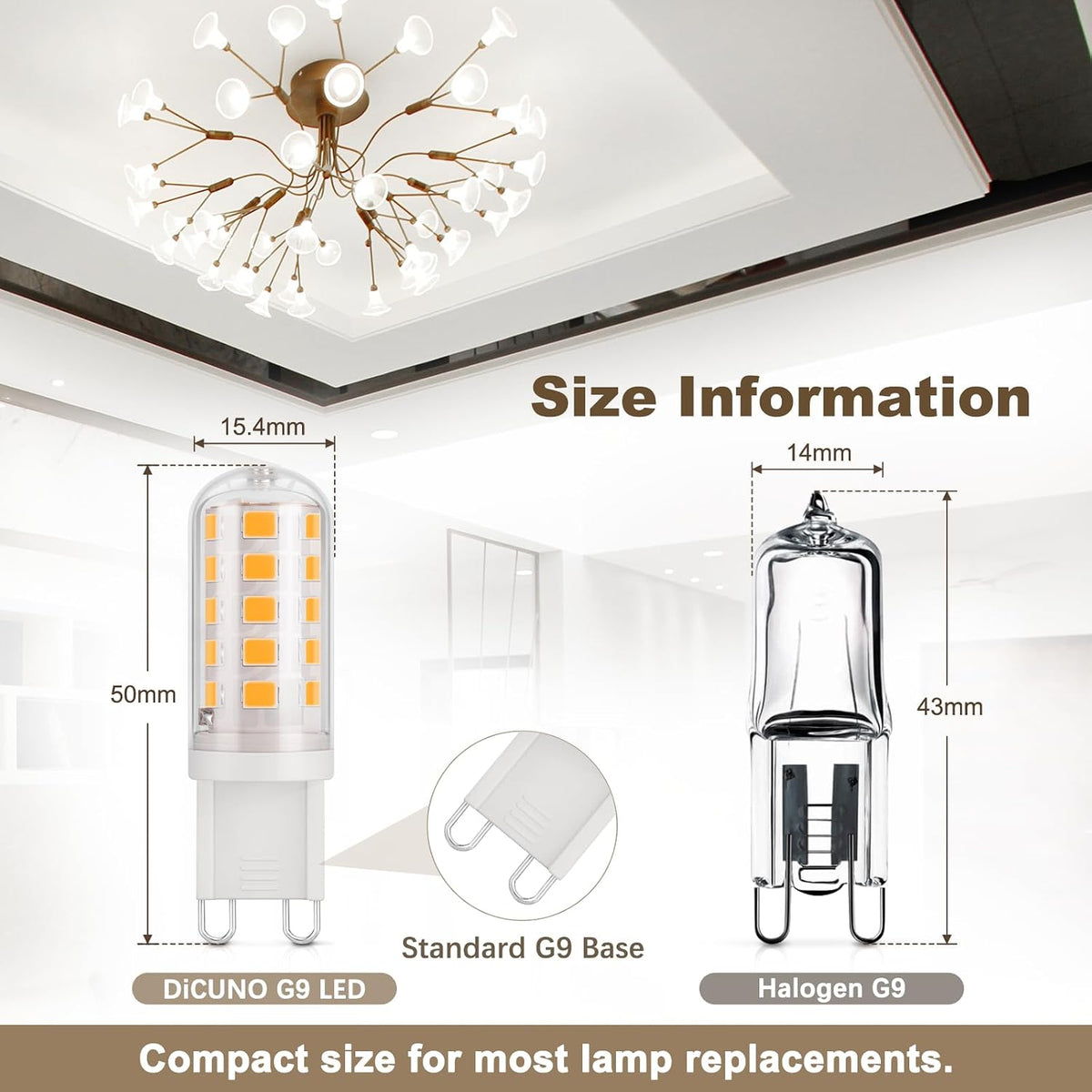 DiCUNO Ampoule LED G9 3W, Équiv. 30W, Blanc chaud 2700K, 410lm, Lot de 6