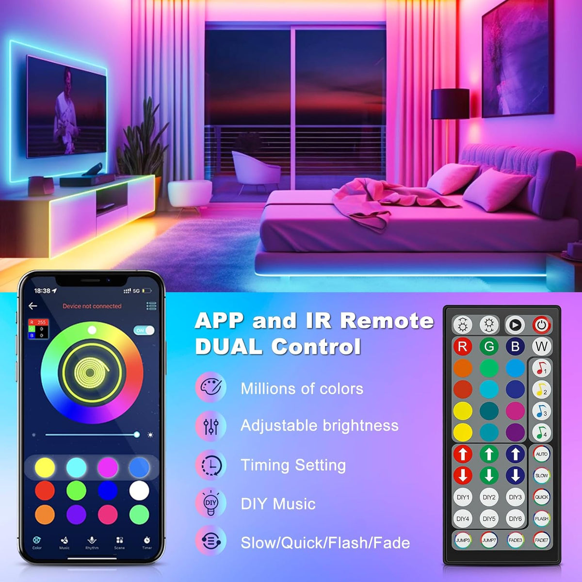 Ruban LED, 10M Ruban LED RGB Flexible pour décoration de chambre, contrôle par application Bluetooth avec synchronisation au rythme de la musique, LED pour salle de jeux, plafond, mariage, fête, cuisine, TV, bureau