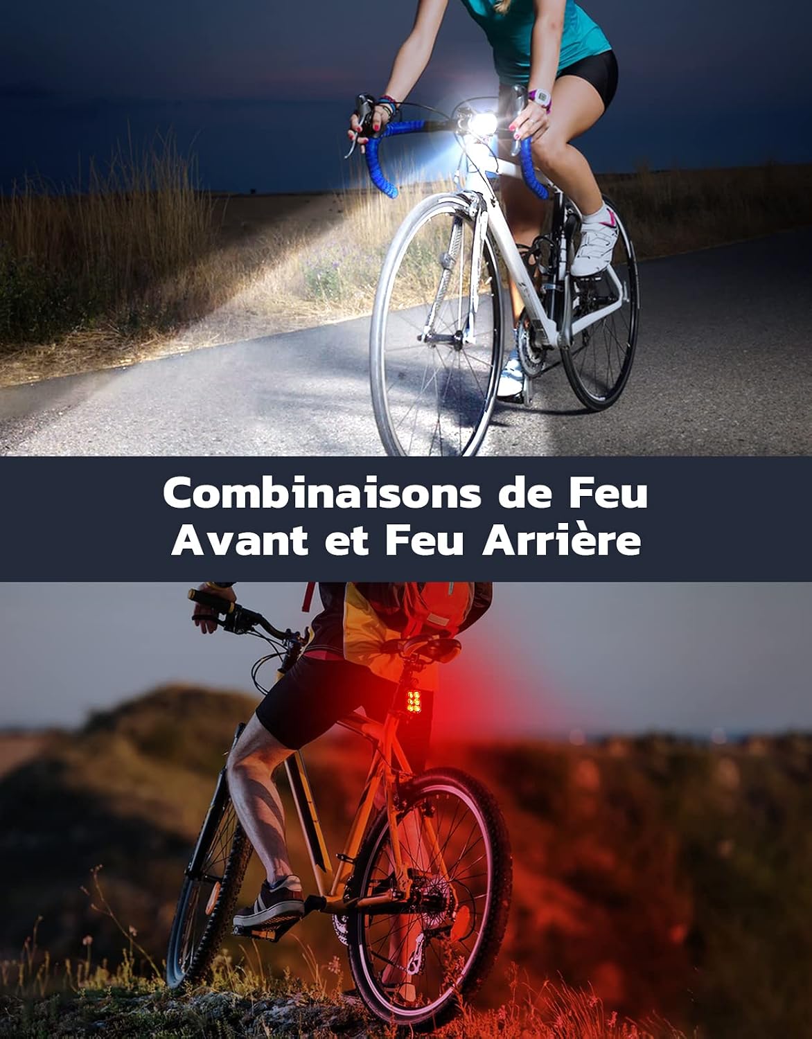 Glangeh Ensemble d'éclairage de vélo avant et arrière, lampe de vélo ultra-fine à 4 + 6 modes