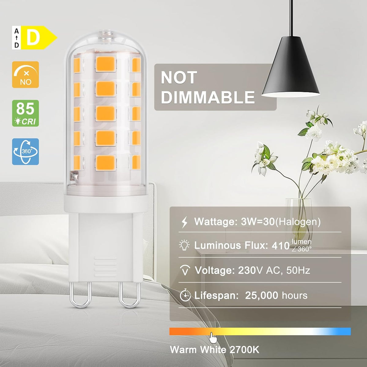 DiCUNO Ampoule LED G9 3W, Équiv. 30W, Blanc chaud 2700K, 410lm, Lot de 6