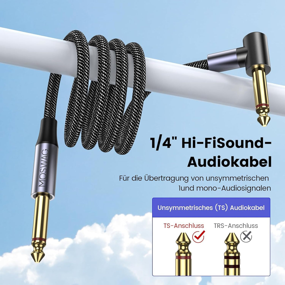 Câble instrument MOSWAG 3m - Jack coudé pour guitare électrique et basse - Connecteur tressé pour ampli