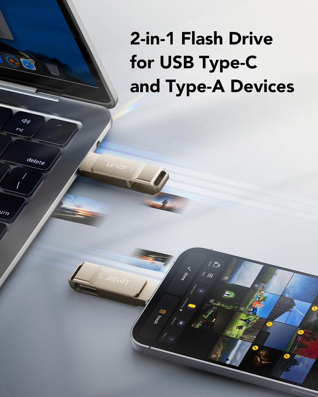 Lexar D40E Double Clé USB 3.2 Type-C, USB-A/C, 64 Go, Argent champagne