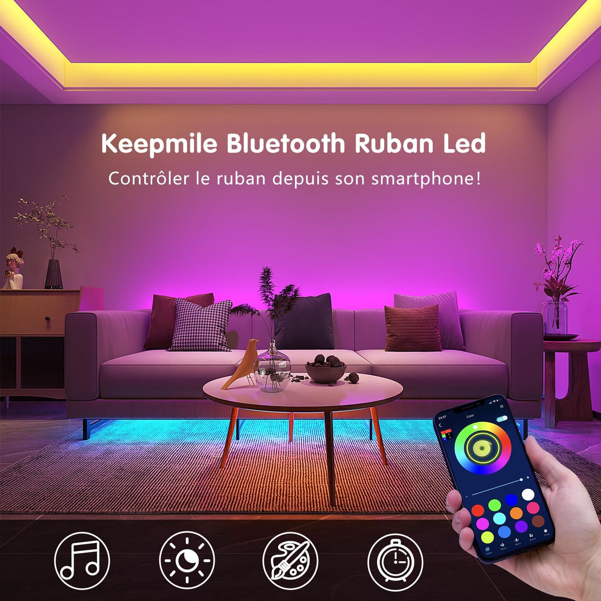 Ruban LED Keepsmile 30 m (15 mx2), LED chambre Bluetooth, bande LED contrôlée par télécommande et application, guirlande lumineuse décorative pour chambre et bureau