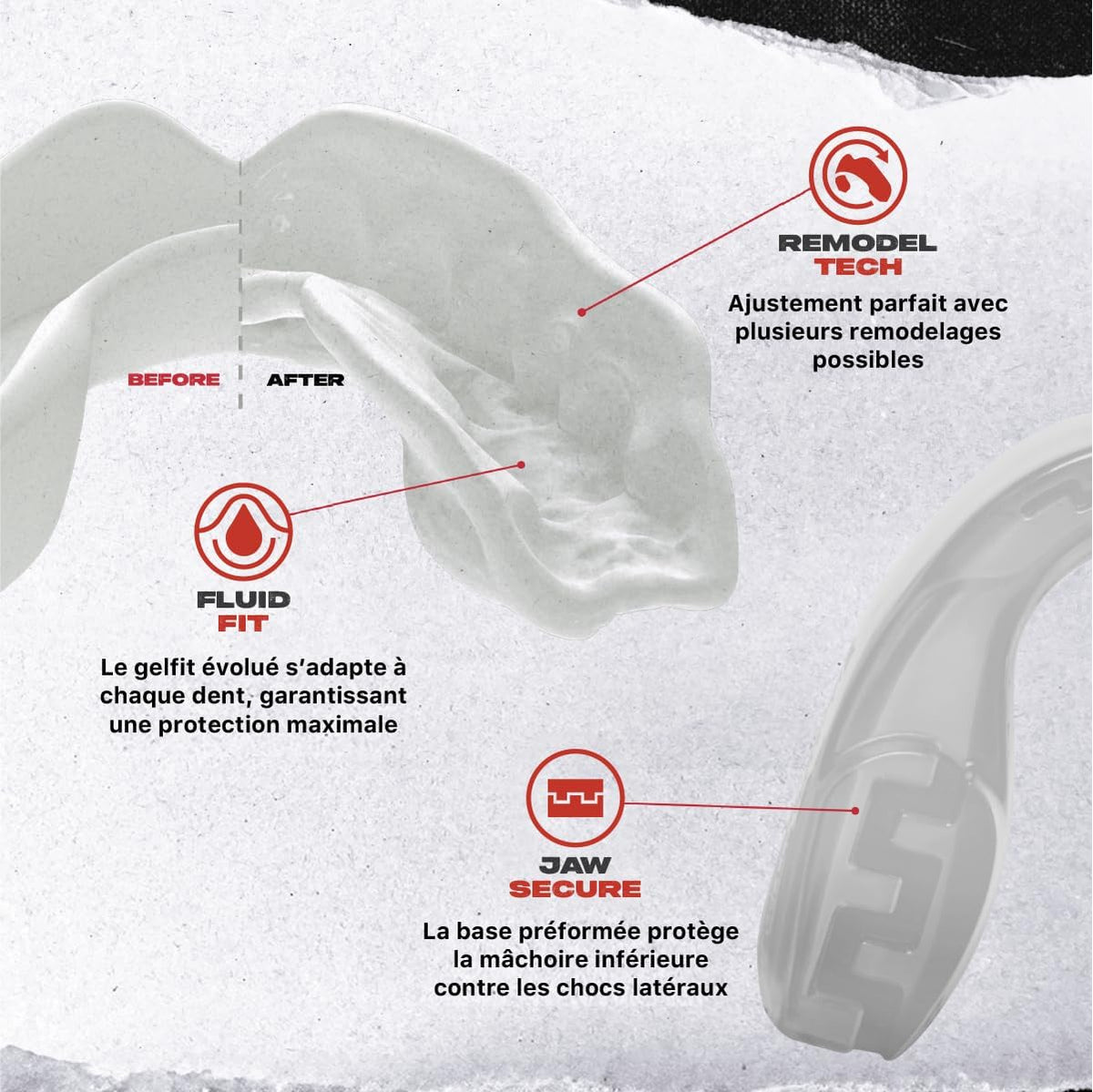 Protège-dents SafeJawz Intro Series. Protection intégrale pour tous les sports, notamment le rugby, le MMA, le hockey, le judo, le karaté, les arts martiaux et la boxe.