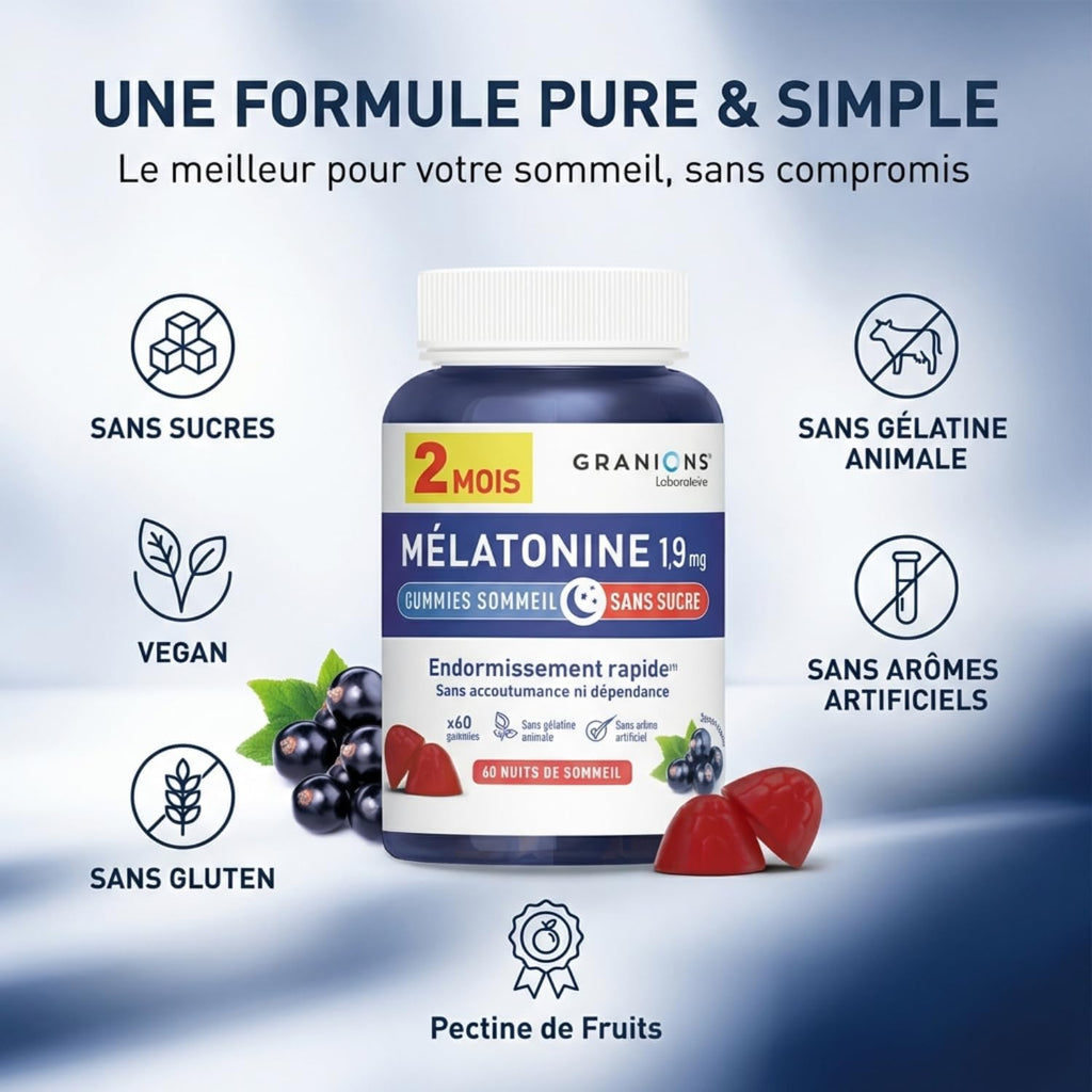 Granions - Gummies Sommeil - Mélatonine 1,9 mg - Sans sucre - 60 gummies