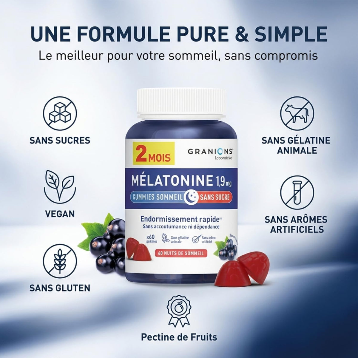 Granions - Gummies Sommeil - Mélatonine 1,9 mg - Sans sucre - 60 gummies