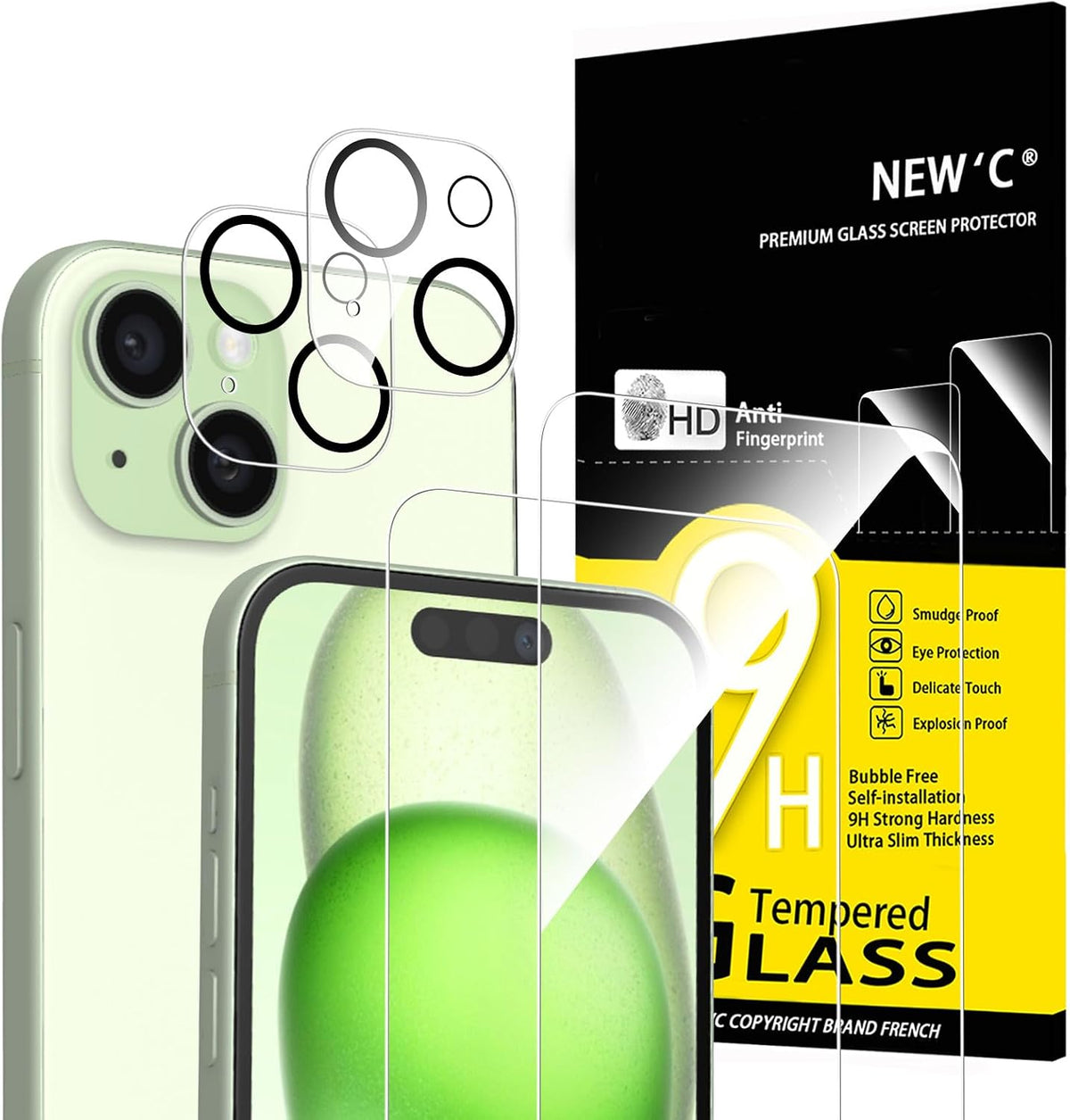 NEW'C Verre Trempé pour iPhone 15, Protection Écran + Caméra