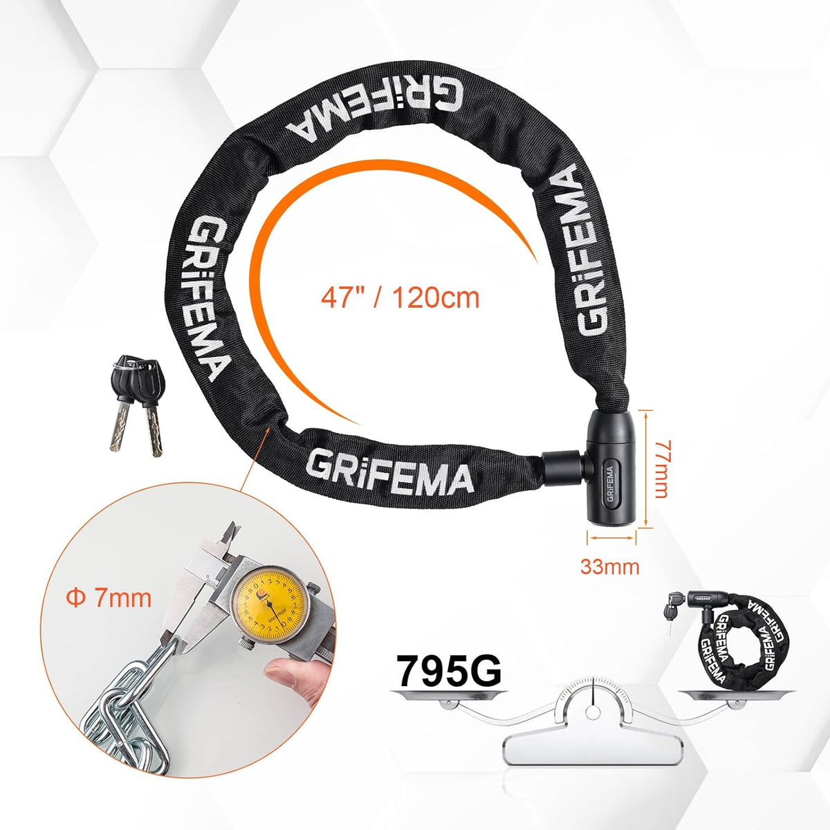 GRIFEMA GA1201-12 Antivol de vélo avec 3 clés, 120 cm