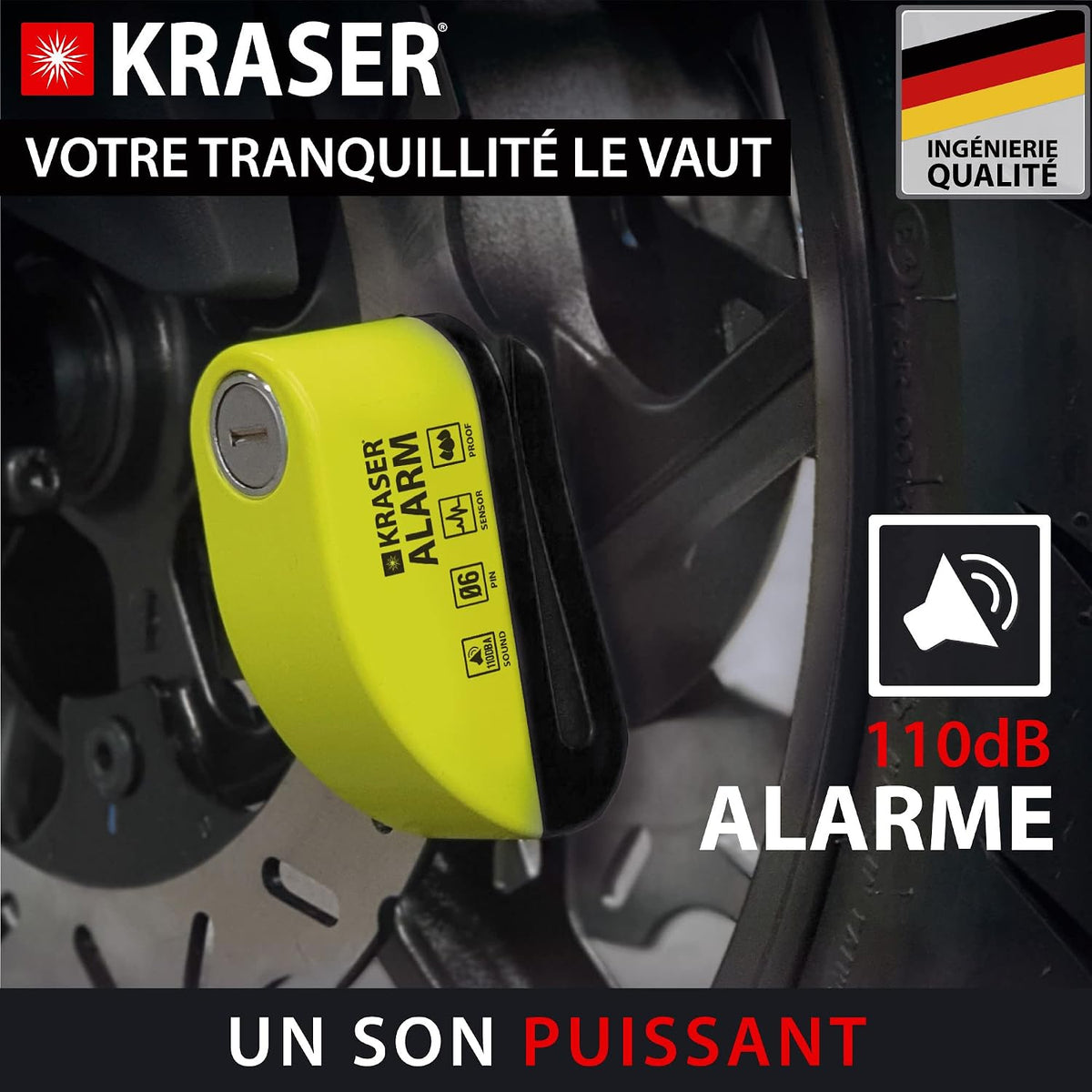 KRASER WA6Y Antivol Moto, Bloque Disque Alarme 110db, Renforcé, 3 clés, Serrure Haute Sécurité, Étanche, Câble Rappel 1,5m, Sac, Piles de rechange, Bloc Frein 6mm Universel Moto Scooter Vélo