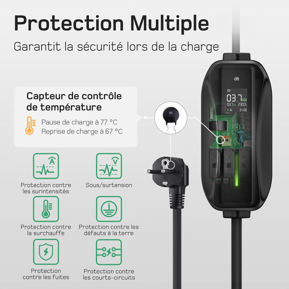 Chargeur de voiture électrique Type 2 3,7 kW 6 m avec écran LCD