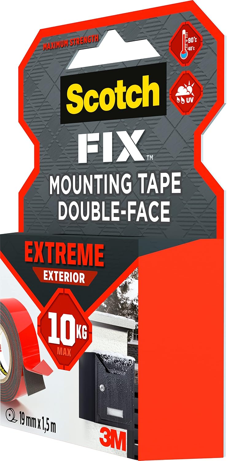 Ruban adhésif double face de fixation extrême pour extérieur Scotch-Fix, 19 mm x 1,5 m - Pour un usage extérieur extrême, avec la technologie avancée 3M, noir